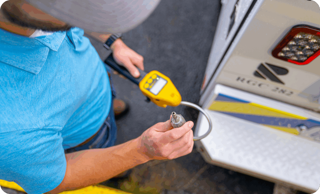 Overhead view of a person working with a gas detector