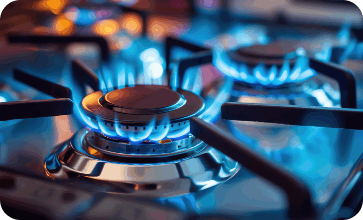 A closeup of two lit gas burners on a stove