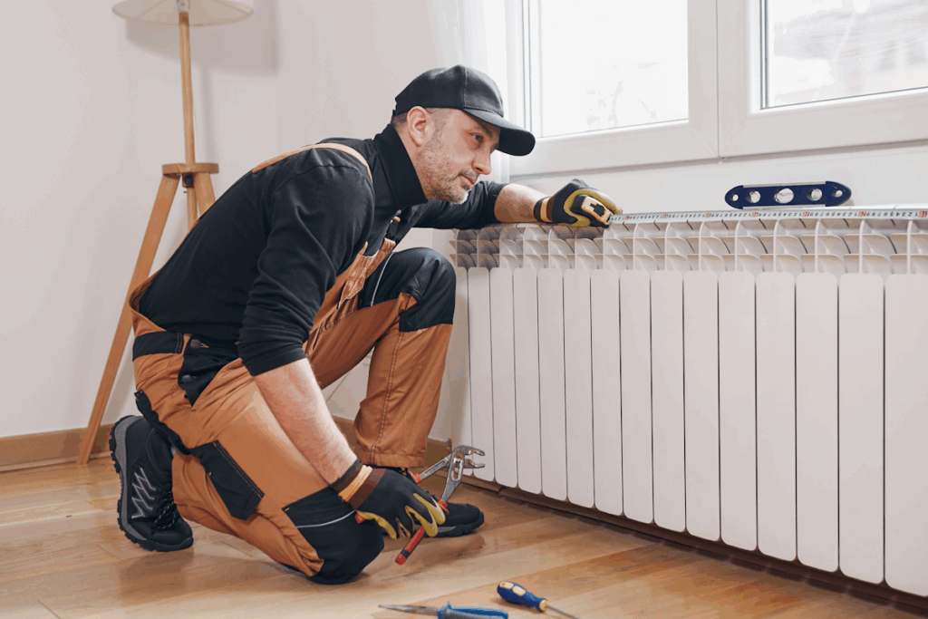 A man wearing a ballcap and work clothes kneeling in front of a register.