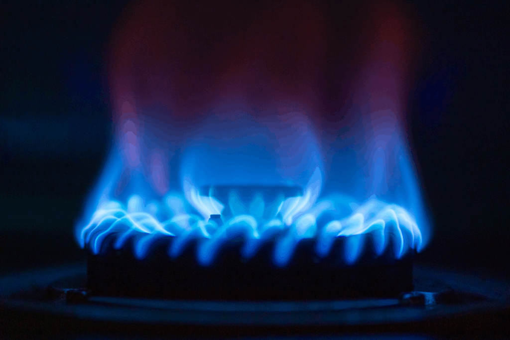 Closeup of a lit gas burner.