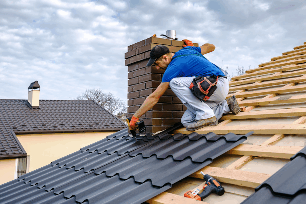 A worker installing a metal roof.