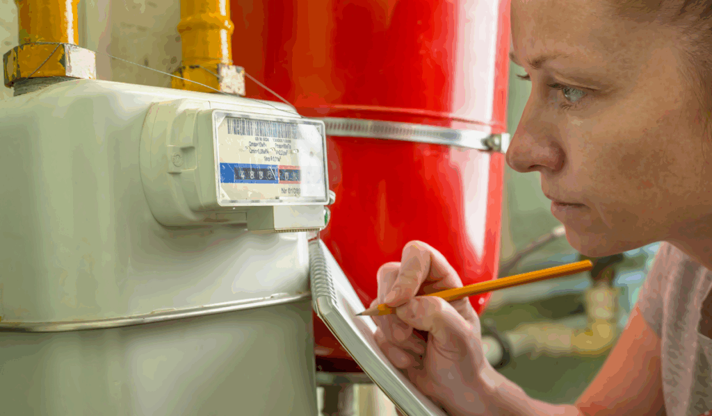 A closeup[ of a woman holding a notepad and pencil while looking at a gas meter.