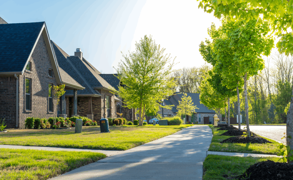 A tree-lined street in an upscale neighborhood