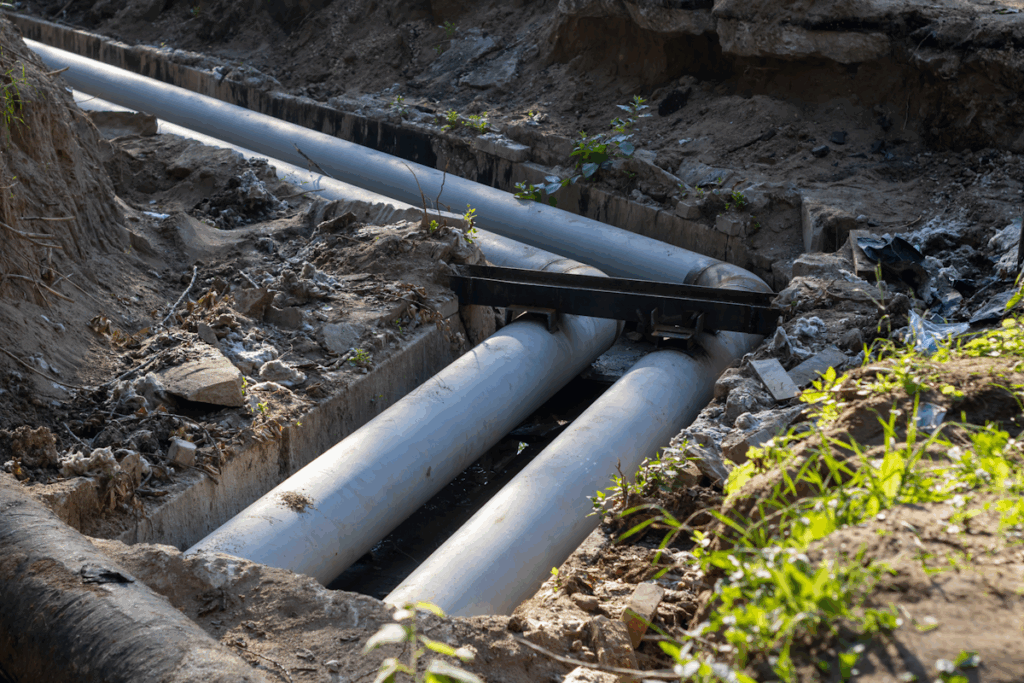 Sections of pipeline that have been installed in the ground and ready to be buried.