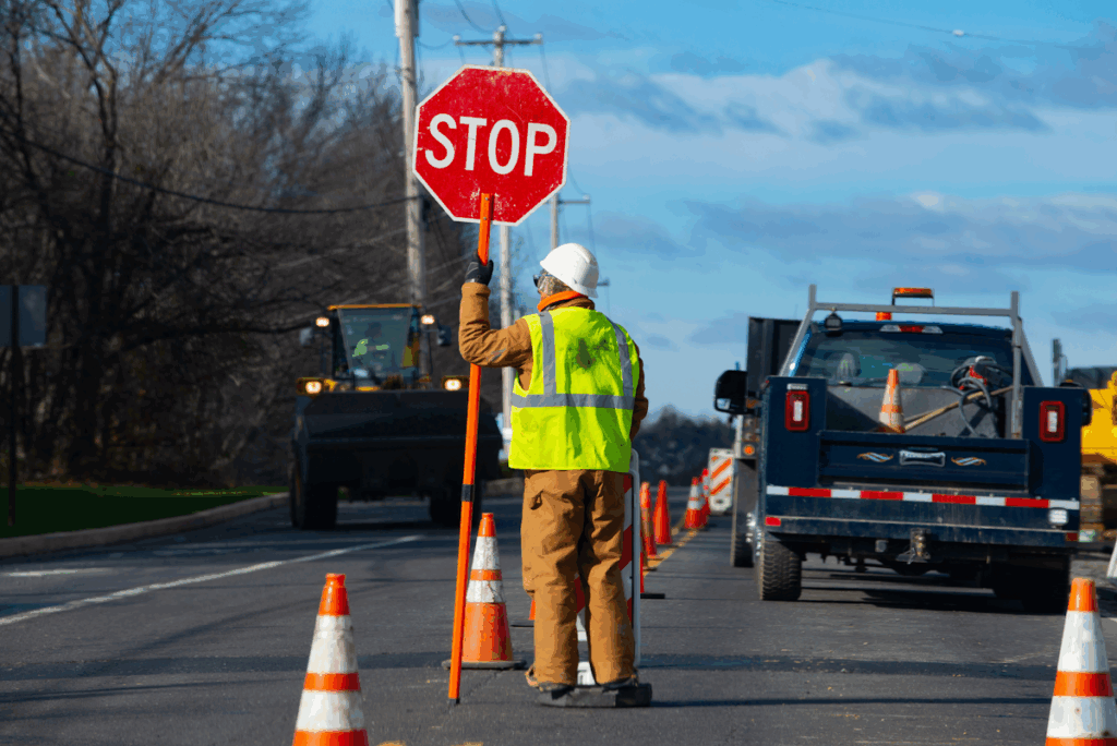 A worker wearing high-visibility clothing and holding a Stop sign in a section of road that is being worked on.