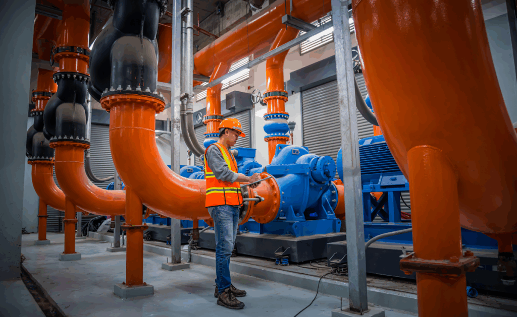 A worker in a hardhat standing next to a series of large pipes in a plant.
