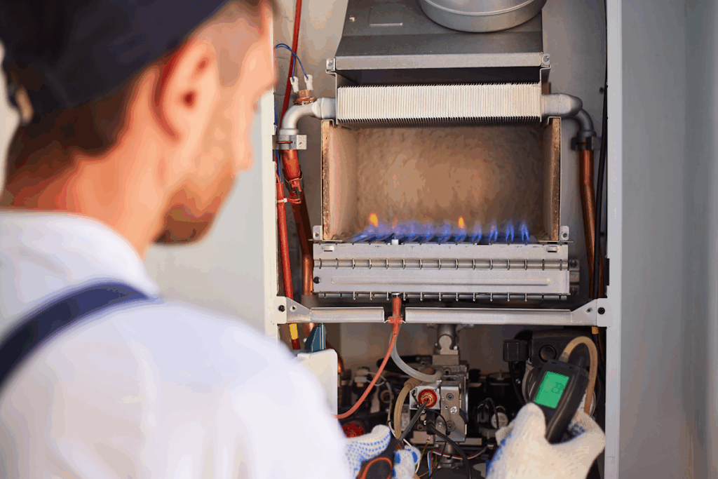 A worker looking at an open gas furnace with the gas burners lit.
