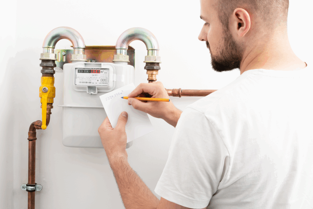 A man looking at a gas meter and writing the numbers down on a piece of paper.