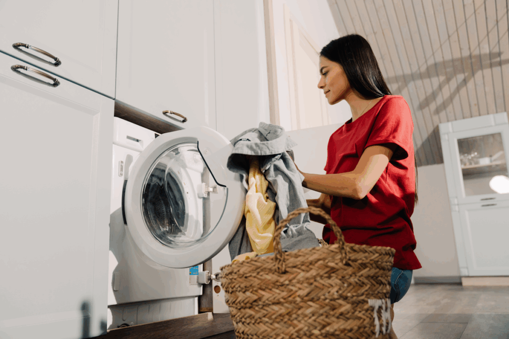 A woman kneeling in front of a washing machine and putting clothes in it from a basket.