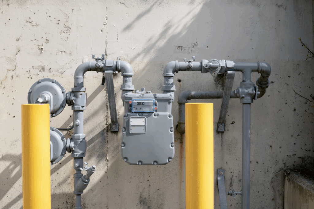 A gas meter attached to the side of a building