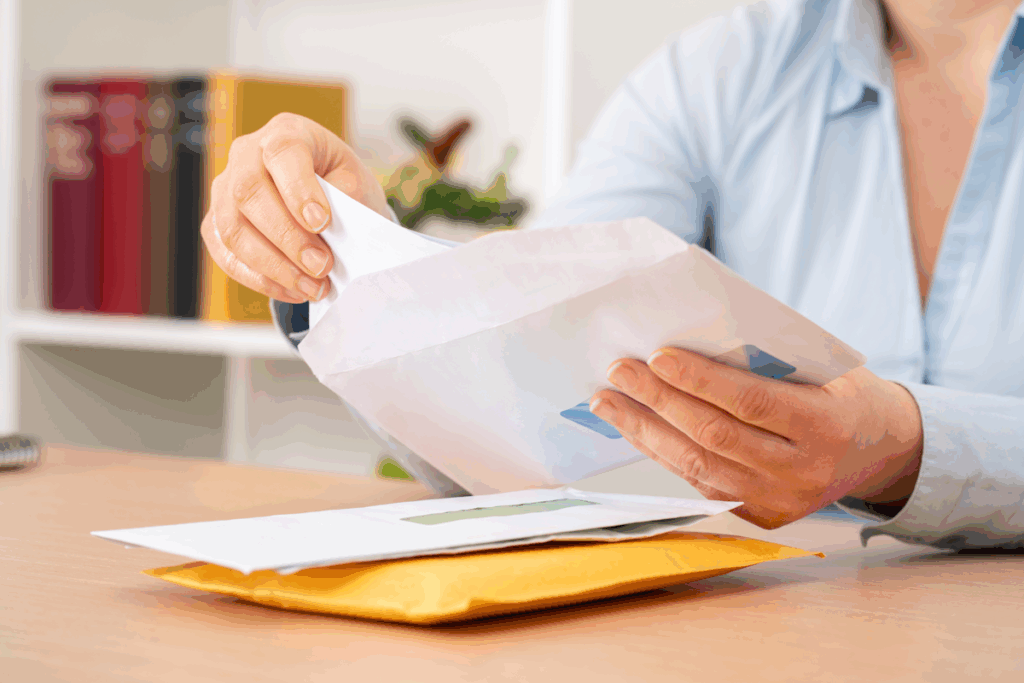 A person preparing an envelope for mailing.