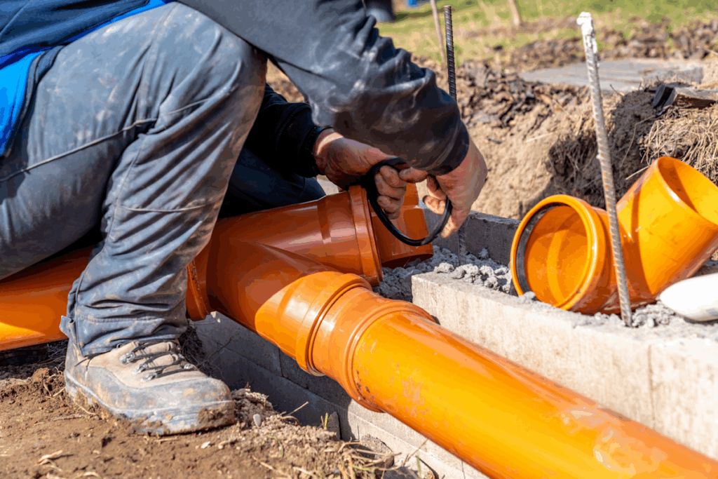 Closeup of a person connecting sections of pipeline together.