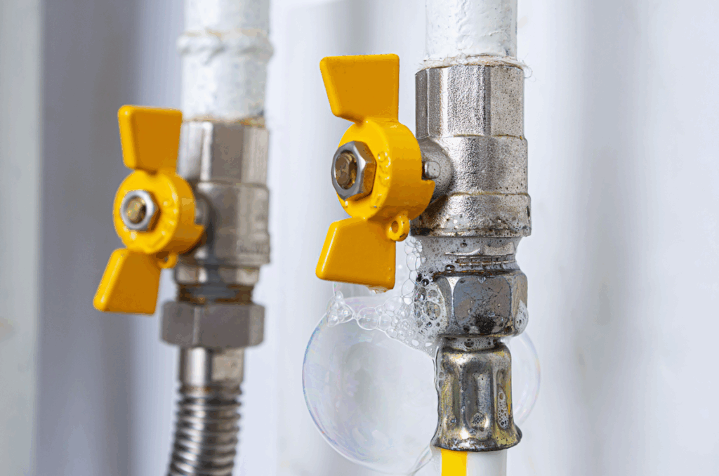 A closeup of two gas lines with valves. One of the valves shows bubbles from a leak test.