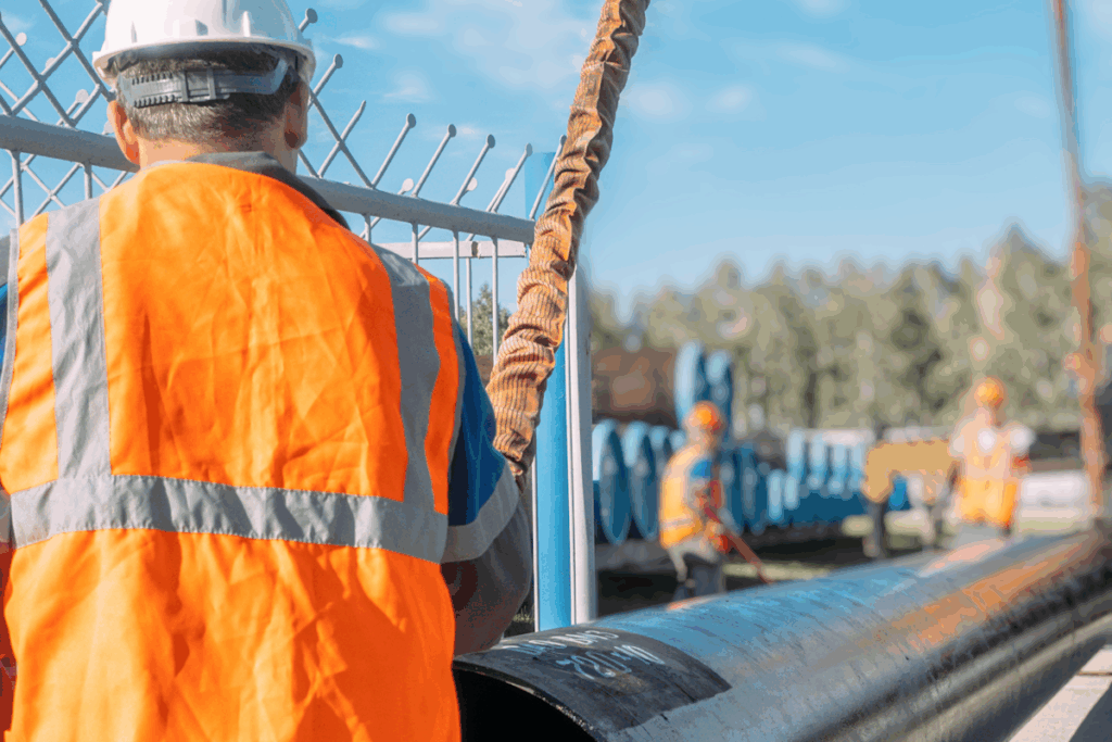 Workers in hardhats and high visibility vests moving a large section of pipeline.