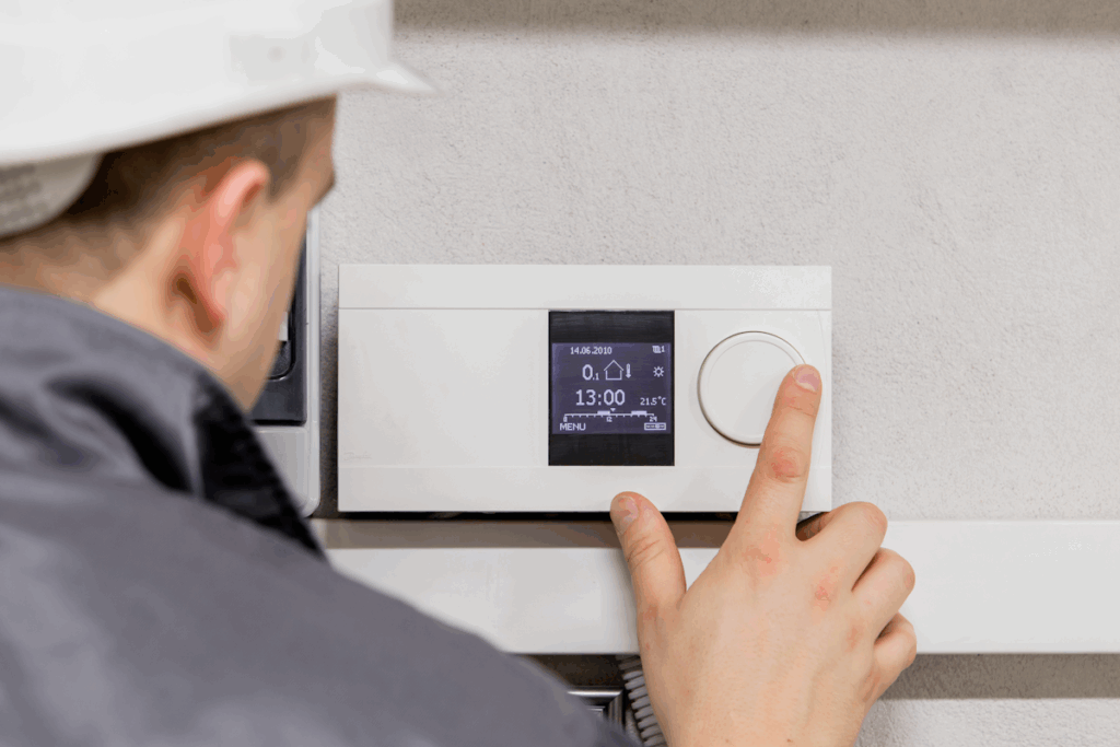 A worker in a hardhat adjusting a thermostat.