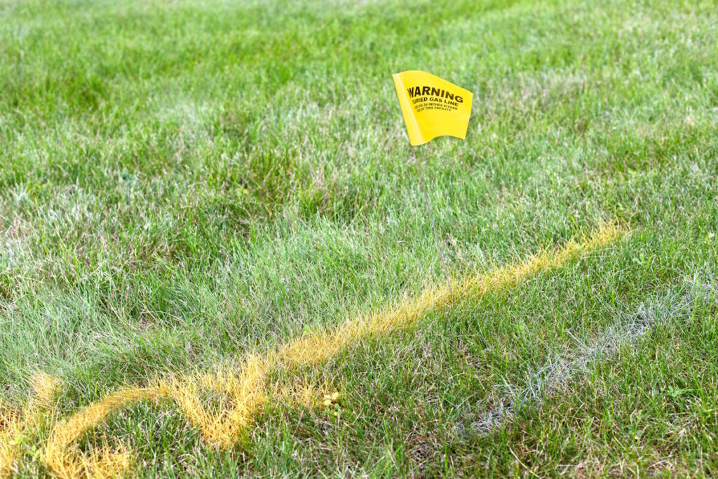 A patch of grass with spray painted markings on it.