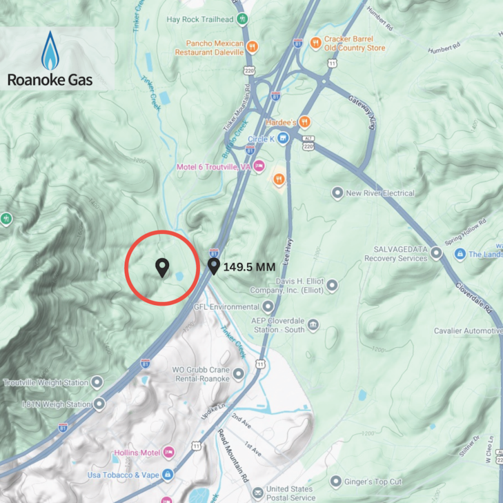 A street map of the I-81 corridor centered on mile marker 149.5