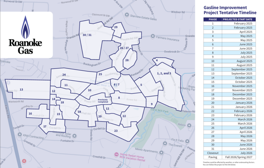 A map showing the various regions in the Roanoke Gas service area.